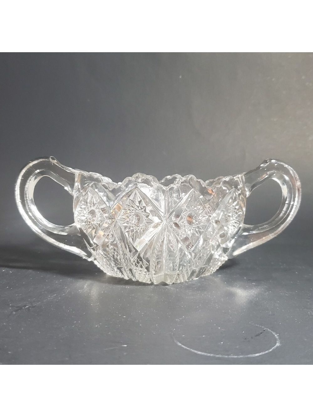 Vintage Square Sugar Bowl Cut Glass 2 Handles & Saw Tooth Scallop Rim Edge Top